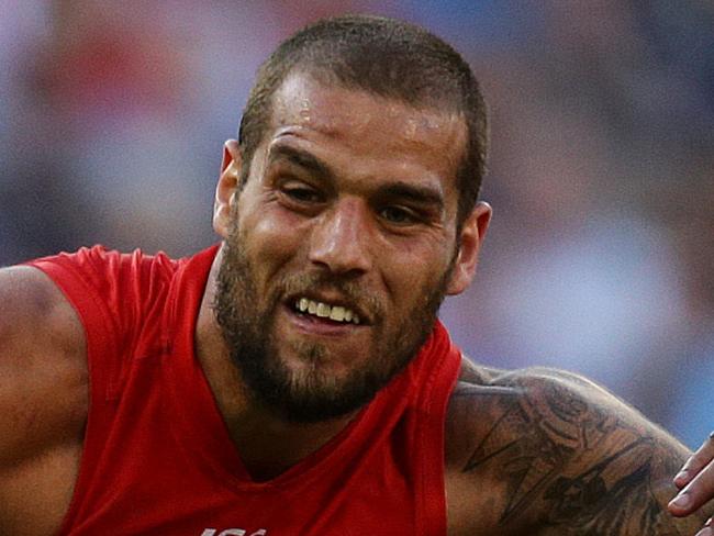 Sydney Swans' Lance Franklin and Hawthorn's Josh Gibson during AFL Grand Final 2014 Sydney Swans v Hawthorn at the MCG. Pic Brett Costello