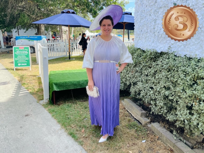 Racegoer Jess Odgers has placed third in the Stony Creek Cup 2024 best dressed competition. Picture: Jack Colantuono