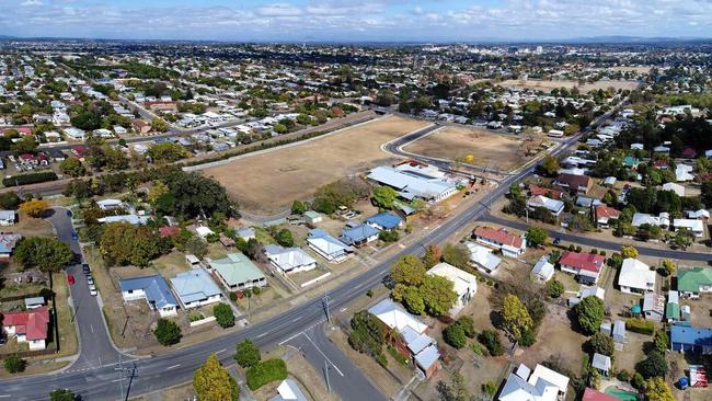 An aerial view including the site of the Kaleidoscope Kids Early Learning Centre is nearly open in Booval where the former Jacaranda milk factory once stood. Picture: Rob Williams