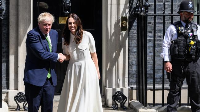 Jacinda Ahern is greeted by her Boris Johnson at Downing Street. Picture: Getty Images.