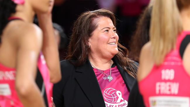 ADELAIDE, AUSTRALIA - JUNE 22: Tania Obst, Head Coach of the Adelaide Thunderbirds reacts after their win in round 11 Super Netball match between Adelaide Thunderbirds and Melbourne Mavericks at Adelaide Entertainment Centre, on June 22, 2024, in Adelaide, Australia. (Photo by Maya Thompson/Getty Images)