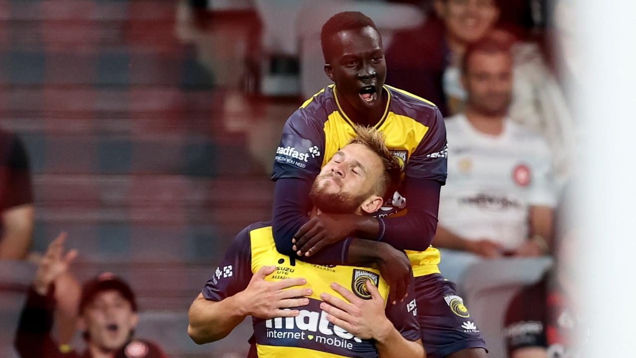 SYDNEY, AUSTRALIA – NOVEMBER 05: Michael Ruhs of the Mariners celebrates scoring a goal during the round five A-League Men's match between Western Sydney Wanderers and Central Coast Mariners at CommBank Stadium, on November 05, 2022, in Sydney, Australia. (Photo by Brendon Thorne/Getty Images)