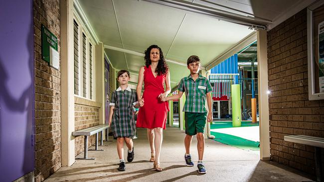 Gold Coast mum-of-two Joanne Rahn with seven-year-old daughter Valentina and nine-year-old son Andreas ahead of back-to-school next week. Story is about anxiety.Picture: Nigel Hallett