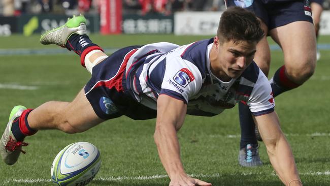 Jack Maddocks of the Rebels scores one of his three tries against the Sunwolves.