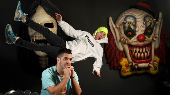 RackaRacka YouTube sensation Danny (fluro beanie) and brother Michael Philippou at their Adelaide home. Picture: Tricia Watkinson