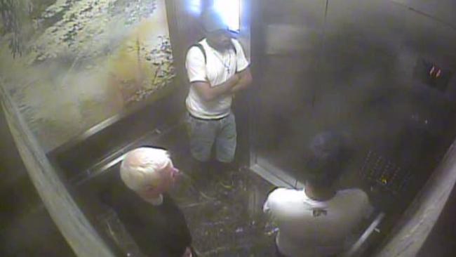 CCTV from the lift the Intercontinental Hotel in New York in August 2017 shows MP Gareth Ward and two unidentified men who tried to extort him.