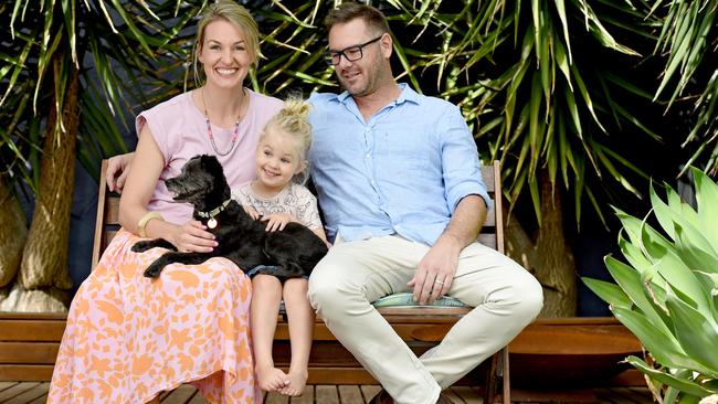 Eliza and Scott Seward with their dog Max and daughter Greta, 3. Picture: Naomi Jellicoe