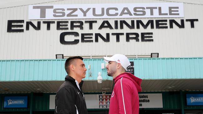 Tim Tszyu and Michael Zerafa out the front of the newly named Newcastle Entertainment Centre