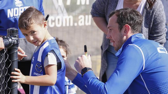 Todd Goldstein is hopeful of signing a new deal at North Melbourne, as well as the shirts of Roos supporters. Picture: AAP Image/Daniel Pockett.