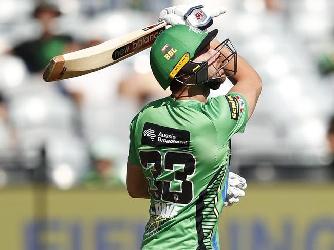 GEELONG, AUSTRALIA - JANUARY 11:  Joe Clarke of the Stars miss hits to be caught out by Ashton Turner of the Perth Scorchers during the Men's Big Bash League match between the Perth Scorchers and the Melbourne Stars at GMHBA Stadium, on January 11, 2022, in Geelong, Australia. (Photo by Darrian Traynor/Getty Images)