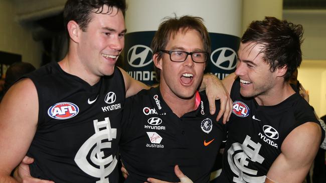 David Teague celebrates a win in his first game as interim coach. Picture: Michael Klein