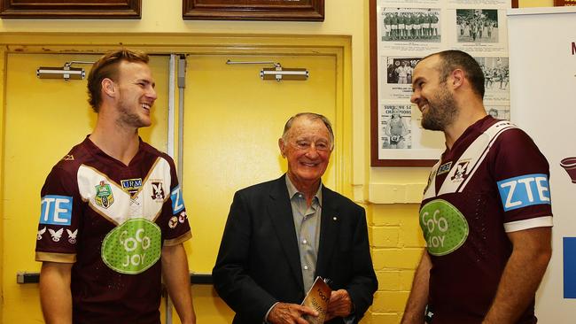 Daly Cherry Evans, Ken Arthurson and Nate Myles. Picture: Brett Costello