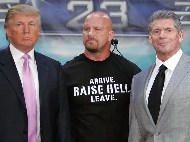 NEW YORK - MARCH 28: Donald Trump, wrestler Stone Cold Steve Austin and WWE Chairman Vince McMahon attend the press conference held by Battle of the Billionaires to announce the details of Wrestlemania 23 at Trump Tower on March 28, 2007 in New York City. (Photo by Bryan Bedder/Getty Images)