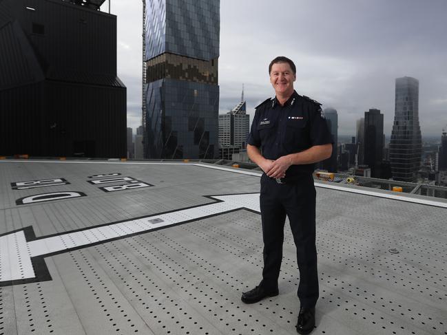 Chief Commissioner Shane Patton on the rooftop of Victoria Police headquarters in Melbourne. Picture: Alex Coppel