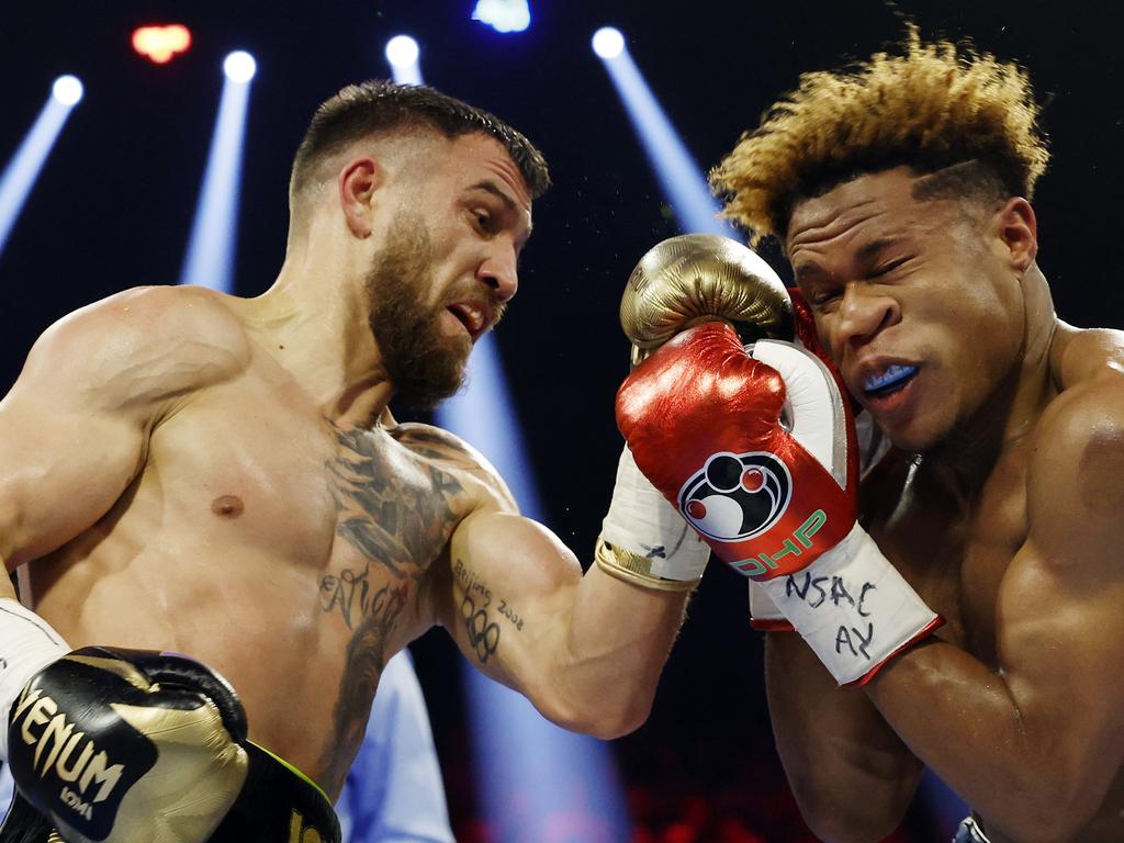 Lomachenko (L) dropped a hugely controversial decision to Haney in May. Picture: Sarah Stier/Getty Images