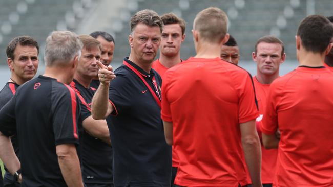 Manager Louis van Gaal of Manchester United reads the riot act in training.