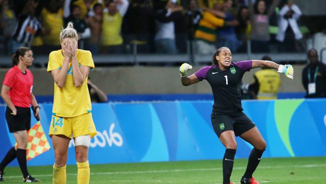 Brazil goalkeeper Barbara after Alanna Kennedy’s miss in Rio. Picture: AP