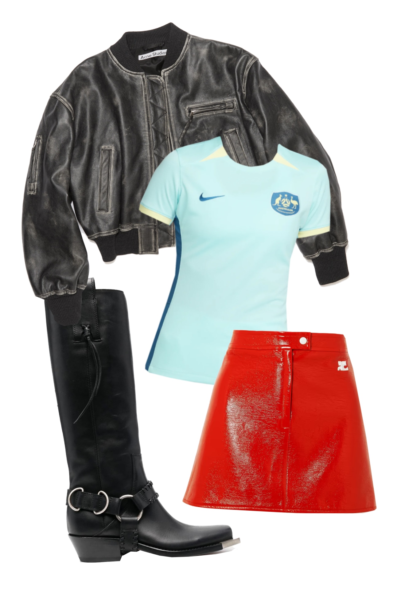 <h2><b>Australia away</b></h2><p>Turquoise might seem like a daunting shade to style, but you’ll find that this football jersey—Australia’s away kit, courtesy of Nike—pairs well with a surprising number of shades, fire engine red being one of them. This mini skirt from Courrèges, for example, helps the blue pop. Layer a distressed leather bomber over the top and slip on buckled boots to toughen up the colour and silhouette. We’d recommend a black or deep brown.</p><p><b>SHOP NOW:</b> Australia 2023 stadium home women's Nike Dri-Fit football shirt, $115 from <a href="https://www.nike.com/au/t/australia-2023-stadium-away-dri-fit-football-shirt-KX10pL/DR3986-354" target="_blank" rel="nofollow noopener"><b>Nike</b></a></p><p><b>SHOP NOW: </b>Courrèges appliquéd cotton-blend vinyl mini skirt, $1,880 from <a href="https://www.net-a-porter.com/en-au/shop/product/courreges/clothing/mini/appliqued-cotton-blend-vinyl-mini-skirt/1647597288244950" target="_blank" rel="nofollow noopener"><b>Net-a-Porter</b></a></p><p><b>SHOP NOW:</b> Leather bomber jacket, $2,900 from <a href="https://www.acnestudios.com/au/en/fn-wn-leat000290/A70155-900.html?cgid=woman-outerwear" target="_blank" rel="nofollow noopener"><b>Acne Studios</b></a></p><p><b>SHOP NOW:</b> Buttero calf-length boots, $827 from <a href="https://www.farfetch.com/au/shopping/women/buttero-calf-length-boots-item-18517416.aspx" target="_blank" rel="nofollow noopener"><b>Farfetch</b></a></p>