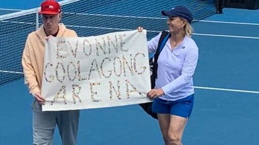 Martina Navratilova and John McEnroe protest for Margaret Court Arena to be renamed.