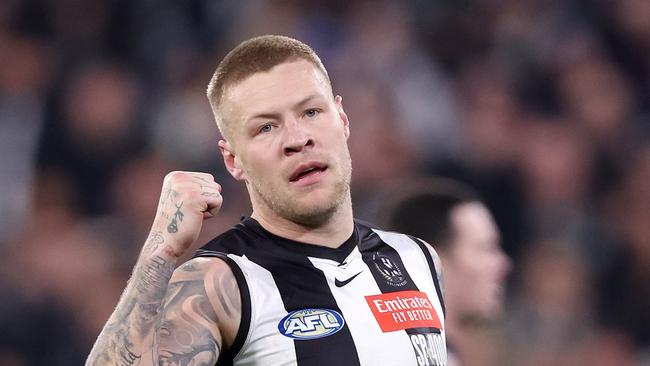 MELBOURNE, AUGUST 3, 2024: 2024 AFL Football - Round 21 - Collingwood Magpies V Carlton Blues at the MCG. Jordan De Goey of the Magpies celebrates a goal. Picture: Mark Stewart