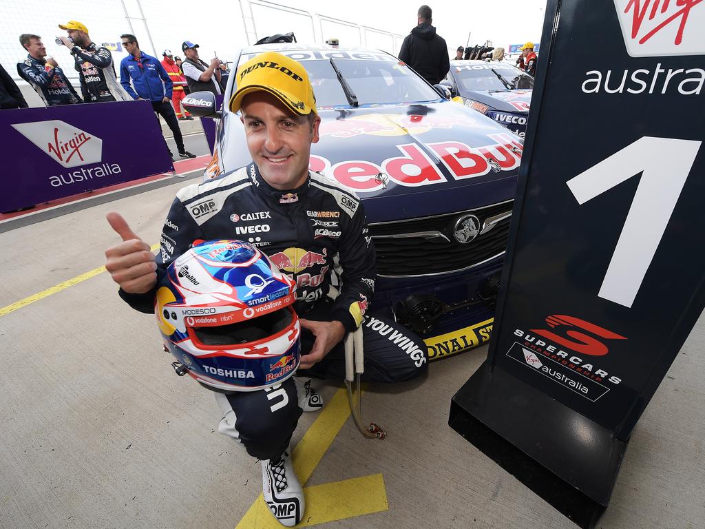 Jamie Whincup after taking the chequered flag in his Red Bull Holden in Race 2 of the Supercars Supersprint at The Bend. Picture: Daniel Kalisz/Getty Images)