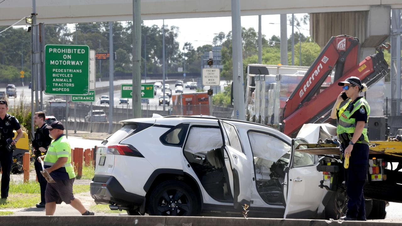 Police at the scene where a prison van was hit by an SUV, crash, at Station Rd Wacol. Photo: Steve Pohlner