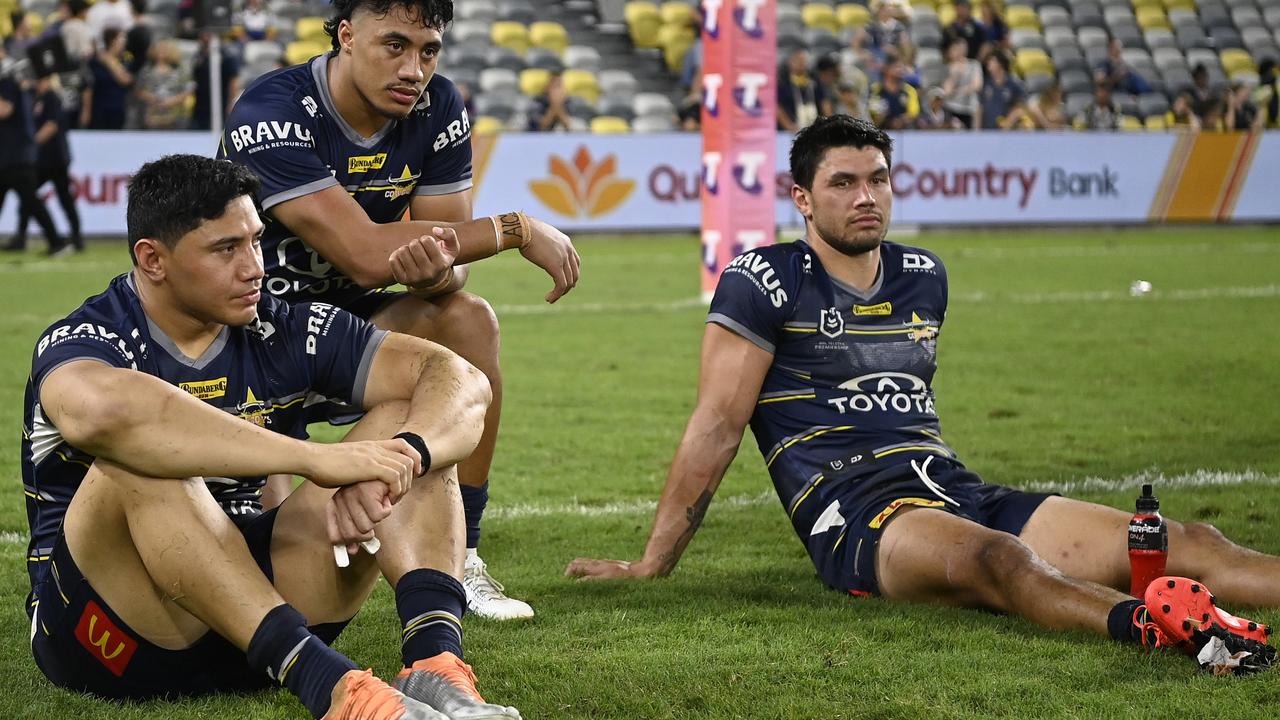 Jason Taumalolo, Murray Taulagi and Jordan McLean look dejected after losing the NRL preliminary final match between the North Queensland Cowboys and the Parramatta Eels. Picture: Getty Images