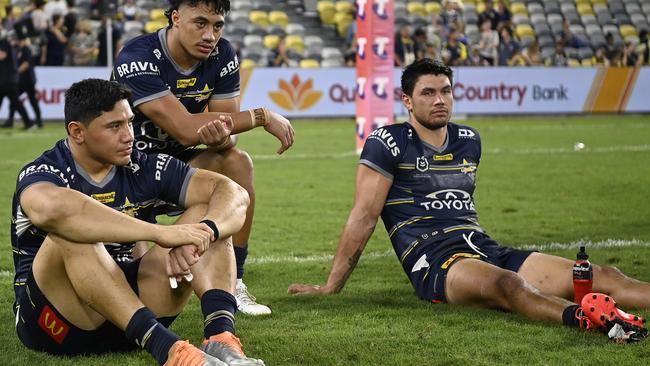 Jason Taumalolo, Murray Taulagi and Jordan McLean look dejected after losing the NRL preliminary final match between the North Queensland Cowboys and the Parramatta Eels. Picture: Getty Images