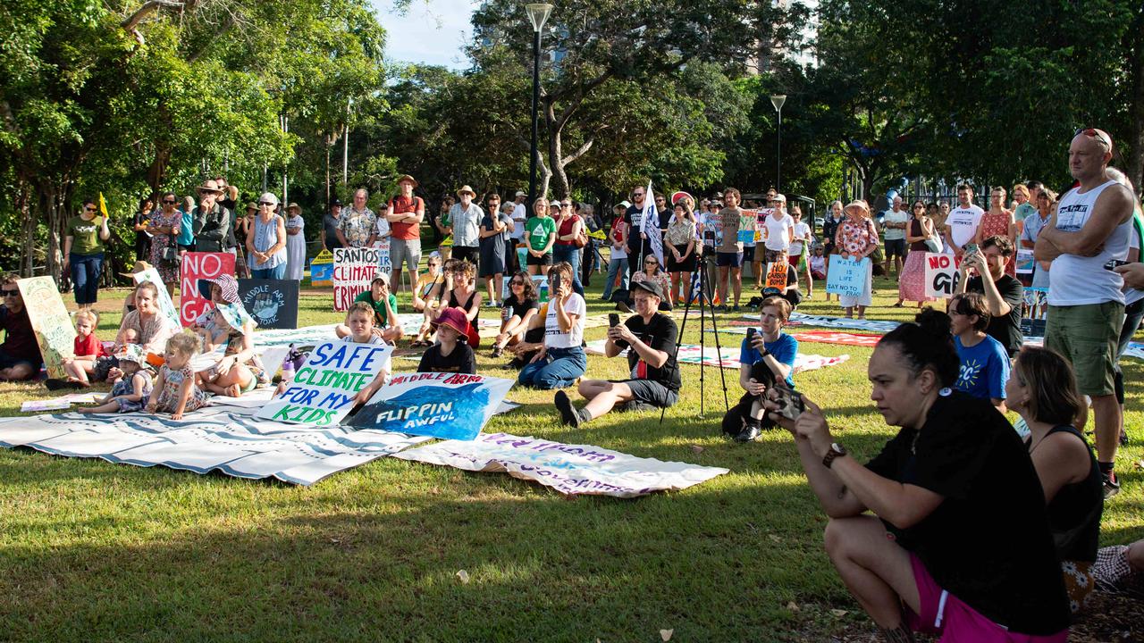 More than a hundred gathered to protest Middle Arm ahead of the second day of public hearings about the proposed development in Darwin. Picture: Pema Tamang Pakhrin