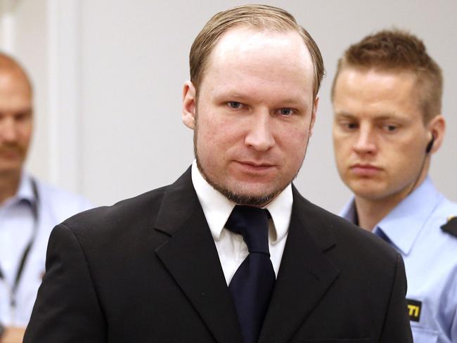 Norwegian right-wing mass killer Anders Behring Breivik arrives in the courtroom in Osl during his trial for mass killings of 77 people in Norway in 2012.