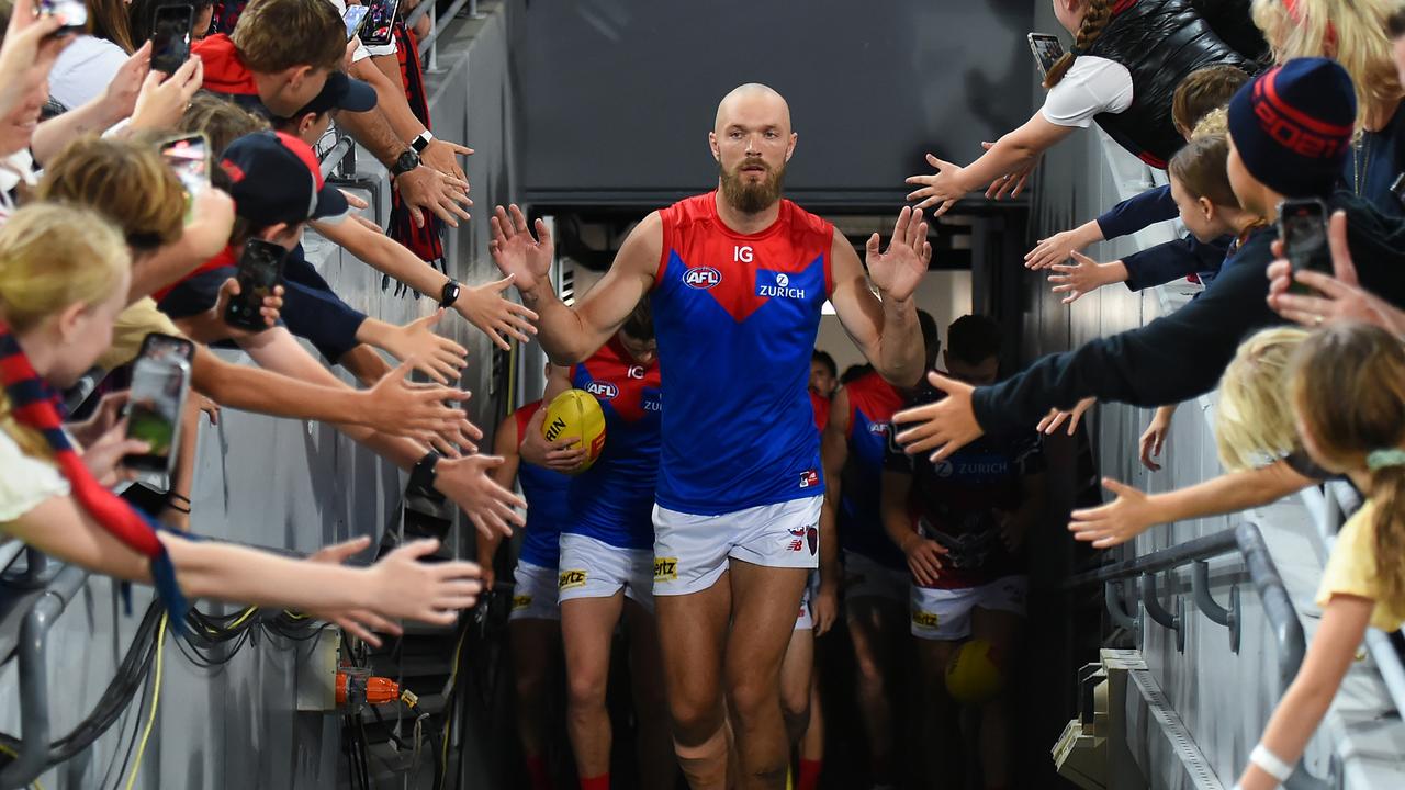 Dees fans will be praying it’s not an ACL for Max Gawn. (Photo by Albert Perez/AFL Photos via Getty Images)