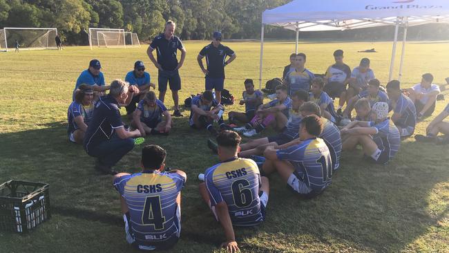 Coombabah SHS coach Scott Marlow addresses his players in the in the Walters Cup semi-final against Marsden State High School.