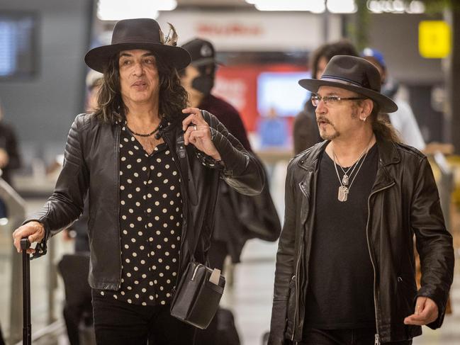 Paul Stanley (left) and Eric Singer upon arrival at Melbourne Airport to begin the Australian leg of the End of the Road Tour. Picture: Jake Nowakowski