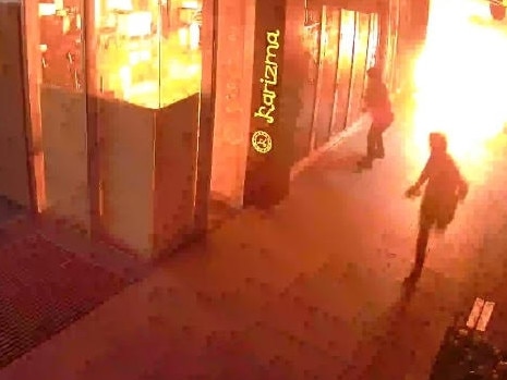 Police released CCTV of the moment arsonists firebombed a Docklands restaurant owned by Fadi Haddara. Picture: Victoria Police