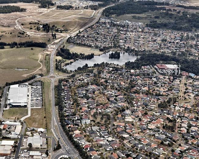 An aerial view of the completion of the first stage of The Northern Rd, from Narellan to Oran Park.