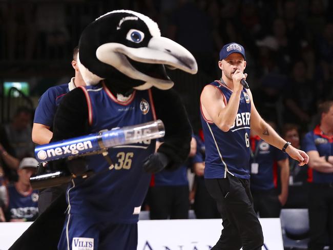 Adelaide's "Mr Everywhere" Jarrod Walsh – at his various MC jobs – at the Adelaide 36ers matches. Picture: Sarah Reed.