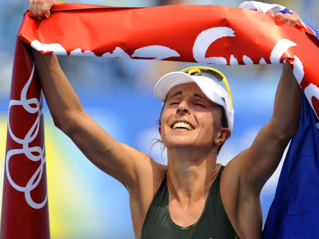 Emma Snowsill after crossing the line in Beijing. Picture: AFP/Axel Schmidt