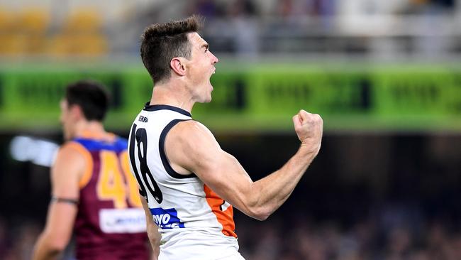 Jeremy Cameron savours a goal during GWS’ win on Sunday. Picture: Bradley Kanaris/Getty Images.