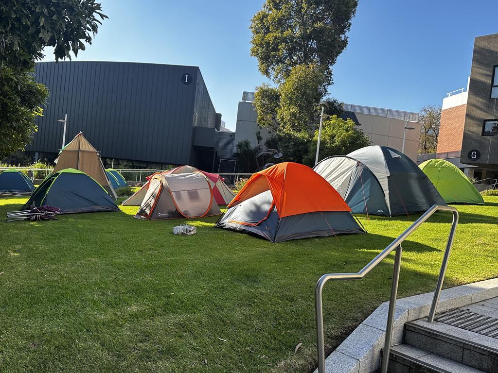 Pro-Palestine supporters from Deakin University set up their encampment on Tuesday on the lawn near Morgan’s Walk.