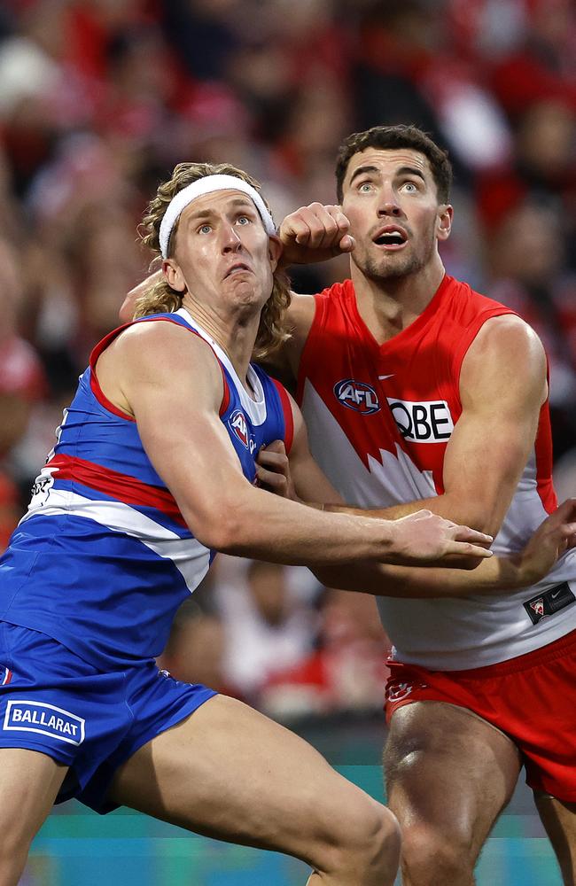 Aaron Naughton and Tom McCartin during the Bulldogs’ big win. Picture: Phil Hillyard.