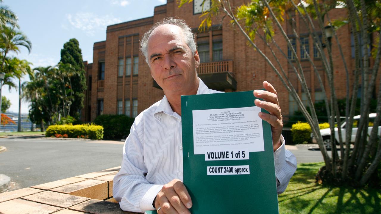 Councillor Bill Ludwig outside Rockhampton Town Hall with 5 volumes of his de-amalgamation petition totalling some 10,000 signatures. Photo Chris Ison / The Morning Bulletin. File photo from 2011.