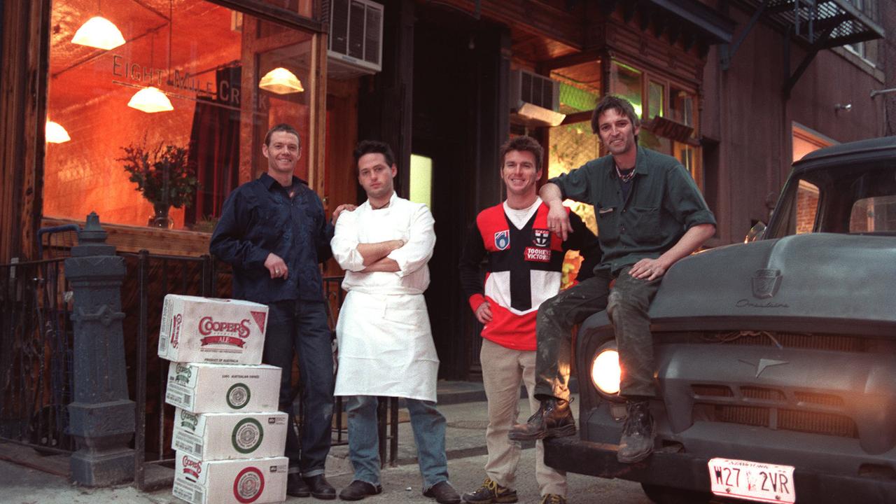 Will and Frank Ford with chef Kenny & manager Jamie outside their Eight Mile Creek Restaurant in 2000, the first Australian restaurant in Manhattan. Picture: Supplied