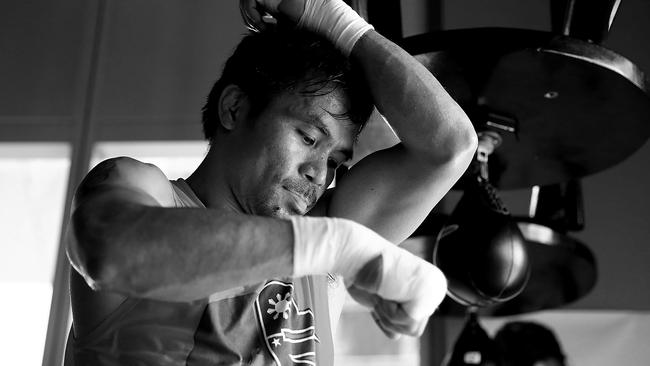 MANILA, PHILIPPINES — MAY 19: (EDITORS NOTE: Image has been converted to black and white) Boxer Manny Pacquiao during a training session at Elorde boxing Gym on May 19, 2017 in Manila, Philippines. (Photo by Chris Hyde/Getty Images)