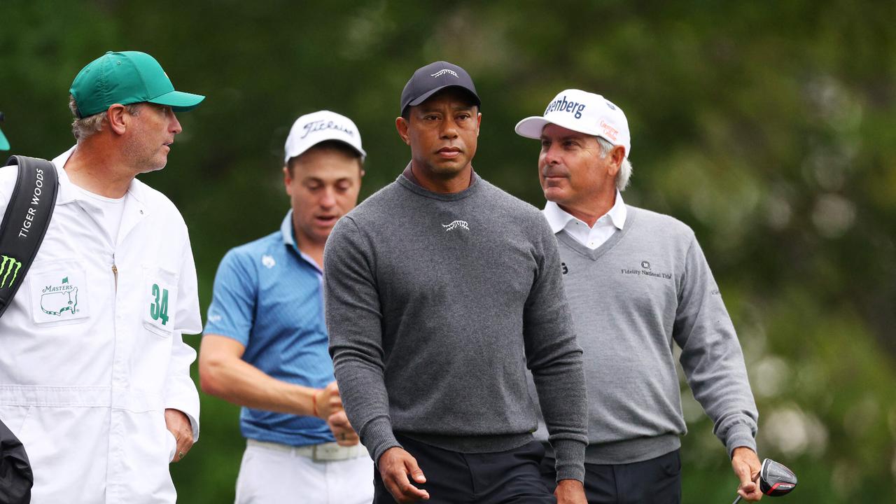 Woods, Justin Thomas, and Fred Couples during a practice round prior to the 2024 Masters. (Photo by Andrew Redington / GETTY IMAGES NORTH AMERICA / Getty Images via AFP)