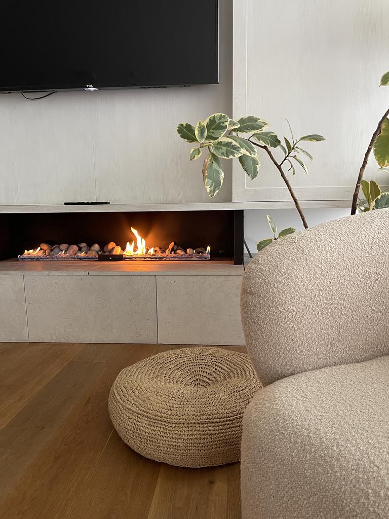 The fireplace makes the room toasty for those after swim hangouts.