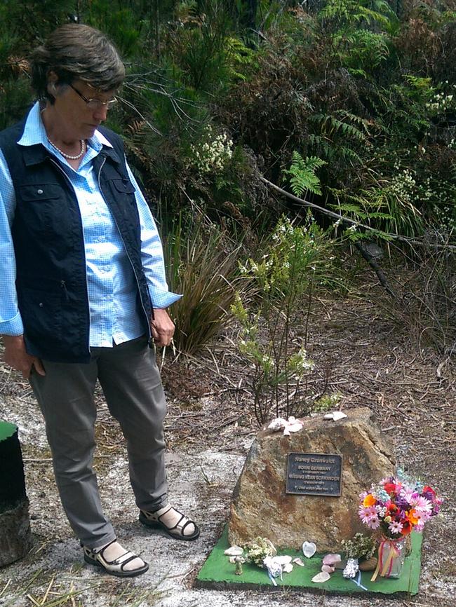 Helga Grunwaldt at Nancy’s memorial in the Winifred Curtis Reserve at Scamander on the 21st anniversary of Nancy’s disappearance. This was Helga’s last visit to Tasmania.