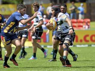 COLTS FIGHTBACK: Wally Pegler, of Western Mustangs, pursues Ipswich Jets player Austin Masiutama in last Sunday's under 20 rugby league match in Toowoomba. The Jets Colts fought strongly in the second half to lose 26-20. Picture: Kevin Farmer