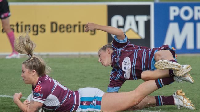 Makenzie Weale goes over the try line to draw first blood against the Capras for her Cutters BMD women's game April 1, 2023. Picture: Marty Strecker