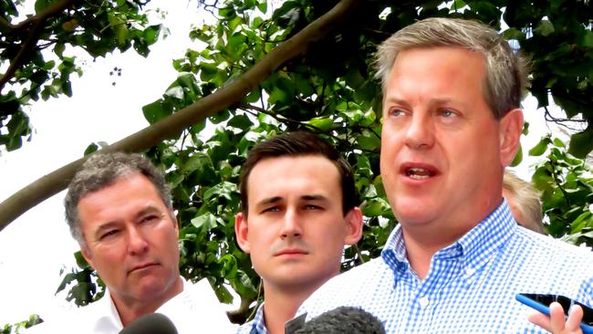 GCB State Opposition Leader Tim Nicholls means with Gold Coast LNP members after the election. Picture: Andrew Potts