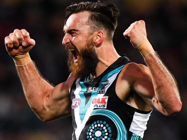 He’s back! Charlie Dixon made a happy and safe return from injury in Port Adelaide’s impressive win over Geelong at Adelaide Oval. PHOTO: Daniel Kalisz/Getty Images